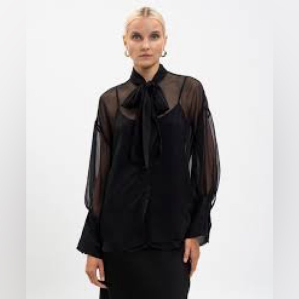 Zara semi-sheer button down black long sleeve blouse top with front ties sz. XS